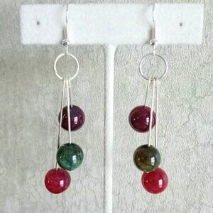 Pink green watermelon agate beaded drop dangle earrings new handmade
